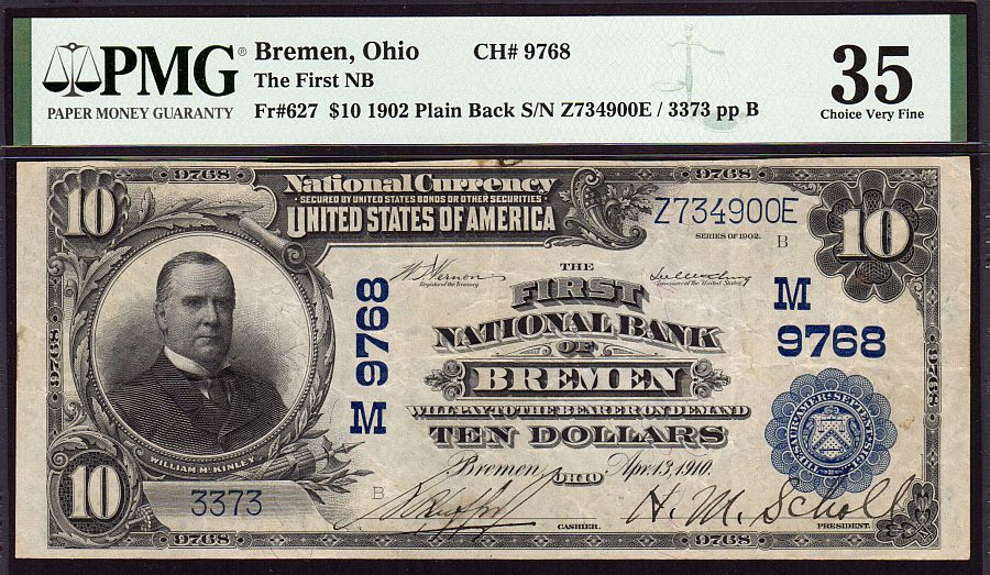 Bremen, OH, Ch.#9768, First National Bank, 1902PB $10, 3373, Ch.VF